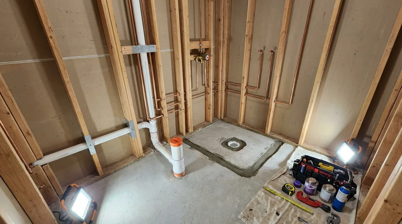 Bathroom rough-in plumbing during remodel by Johns Plumbing LLC in Ebensburg