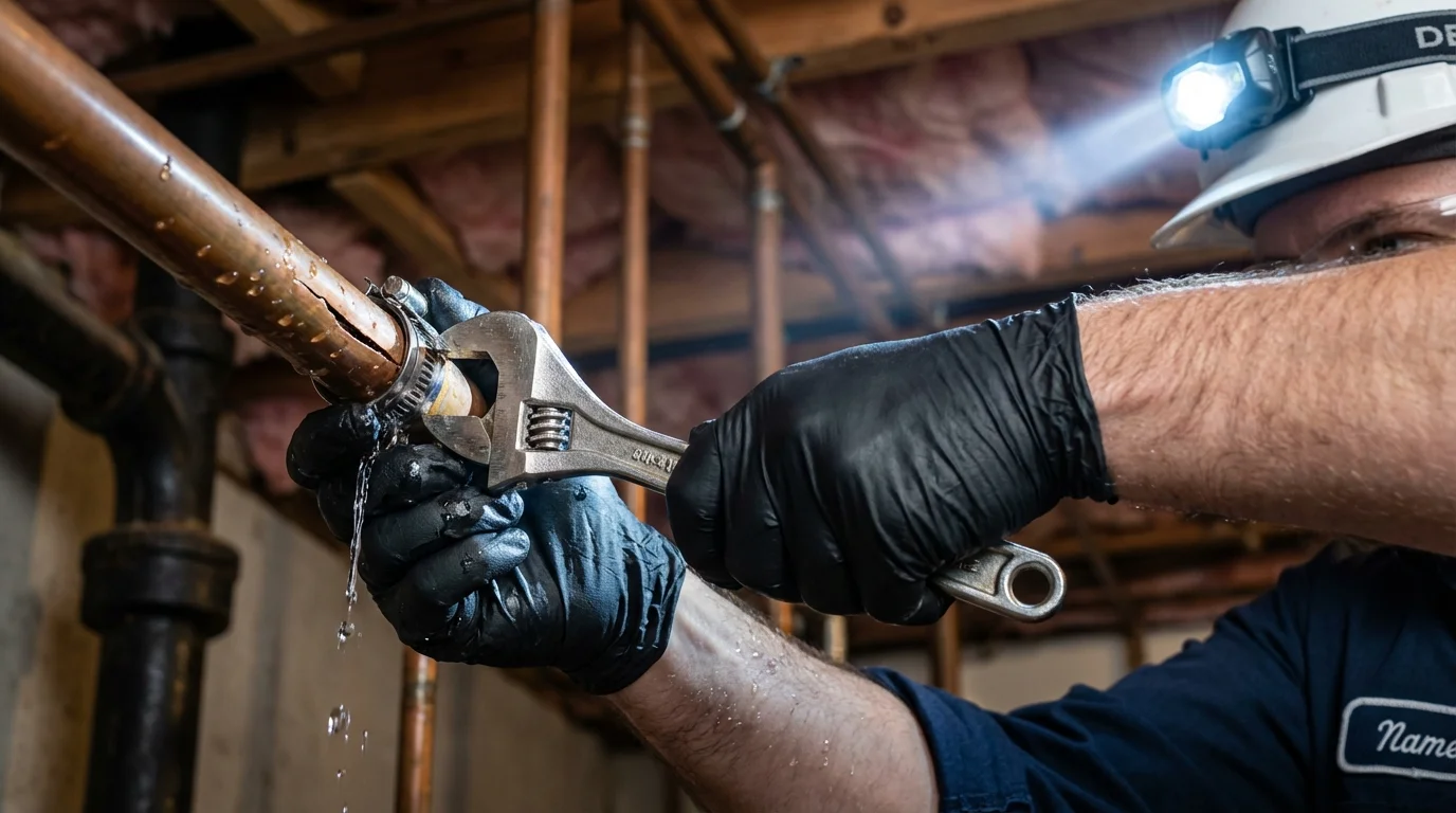 Emergency pipe clamp repair being performed by a Johns Plumbing LLC plumber in Ebensburg