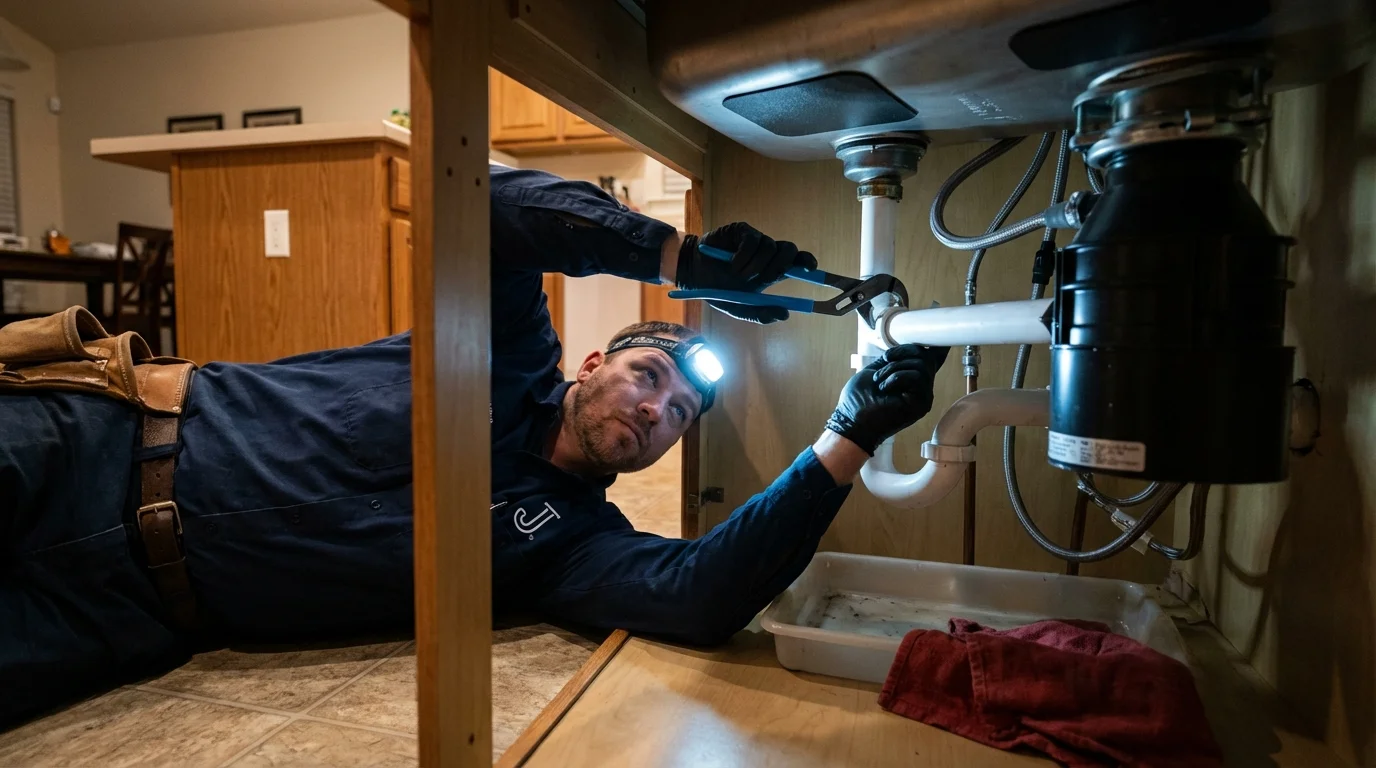 P-trap and supply line connections under a kitchen sink showing a common leak point in Ebensburg, PA